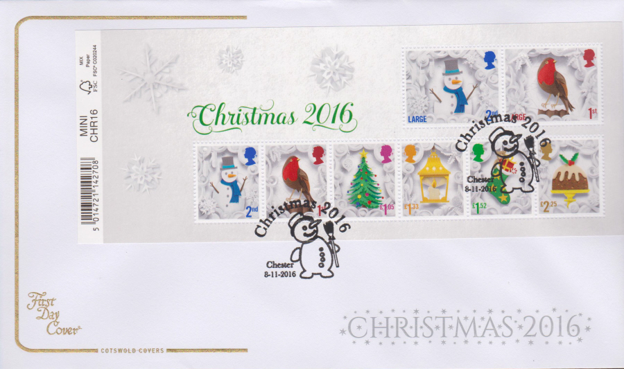 2016 - Christmas Miniature Sheet Cotswold First Day Cover, Christmas 2016 Chester Postmark - Click Image to Close